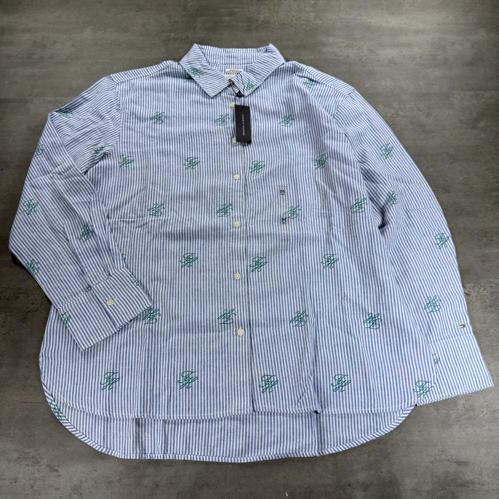 Tommy Hilfiger Button Up Womens M Relaxed Fit Blue Green Striped Monogram Linen